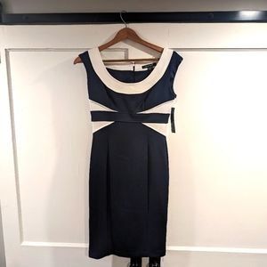 Sleeveless, navy and white fitted dress